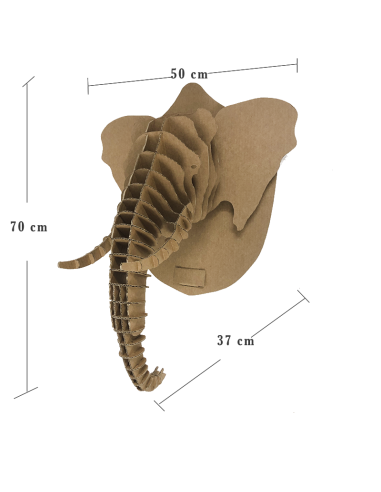 Cabeza de elefante en cartón 3D trofeo ecológico en marrón
